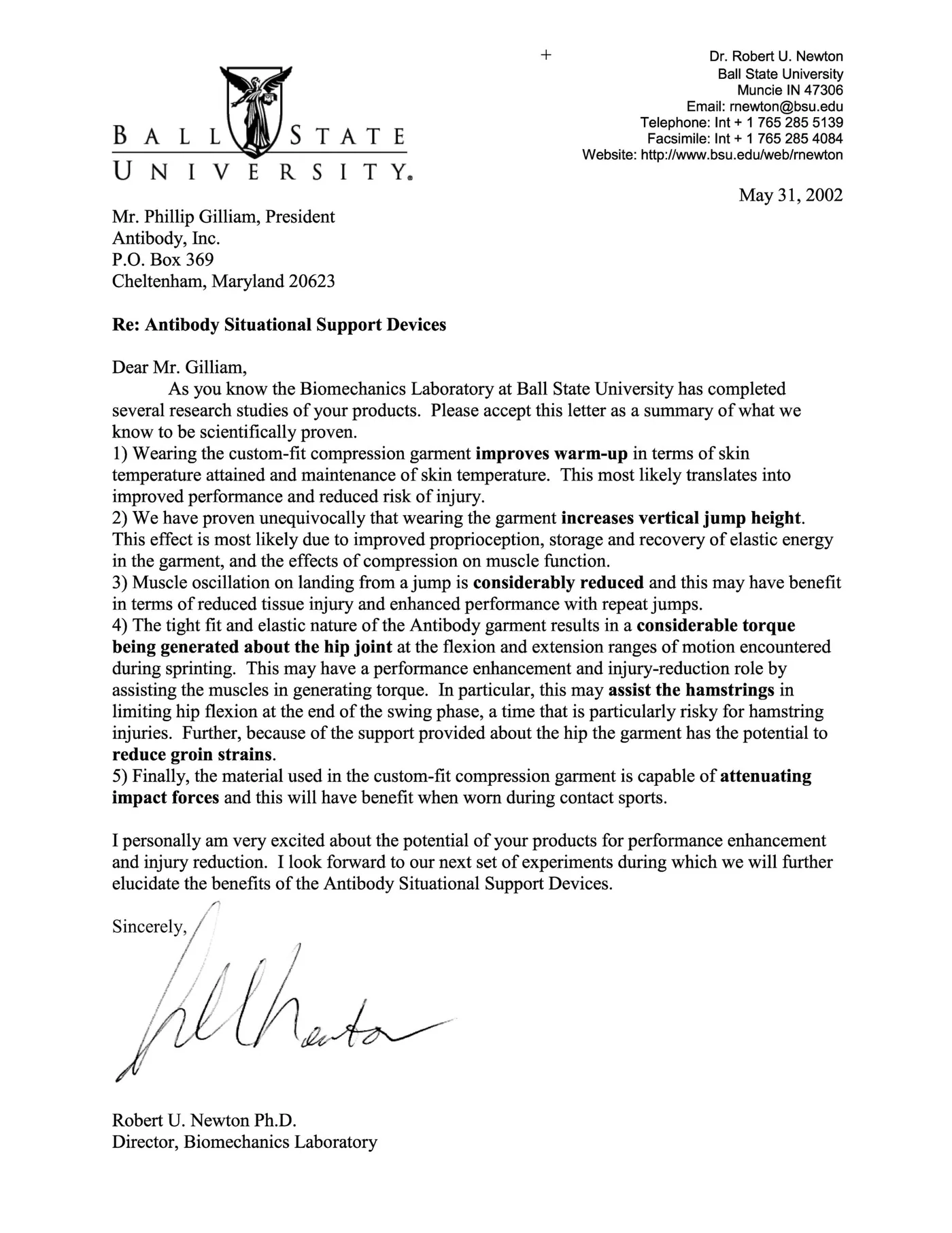 Letter from the Ball State University Human Performance Laboratory summarising the BodyGuard study findings