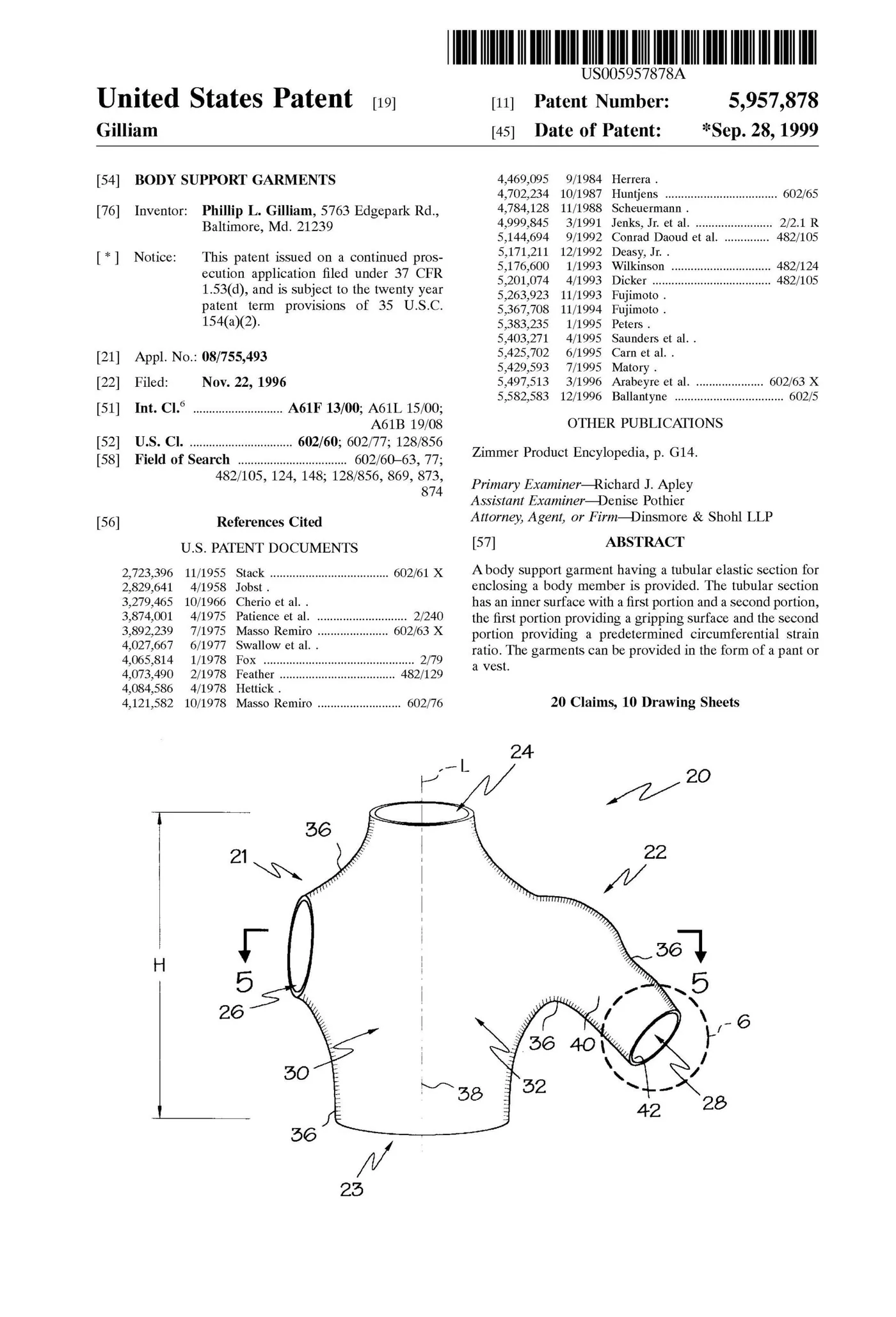 First page of US Patent No. 5,957,878 for body support garments